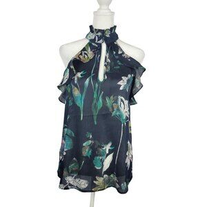 Modern Chic Floral Cheer Navy Blue Ruffled Business Casual Blouse Halter‎ Top XS